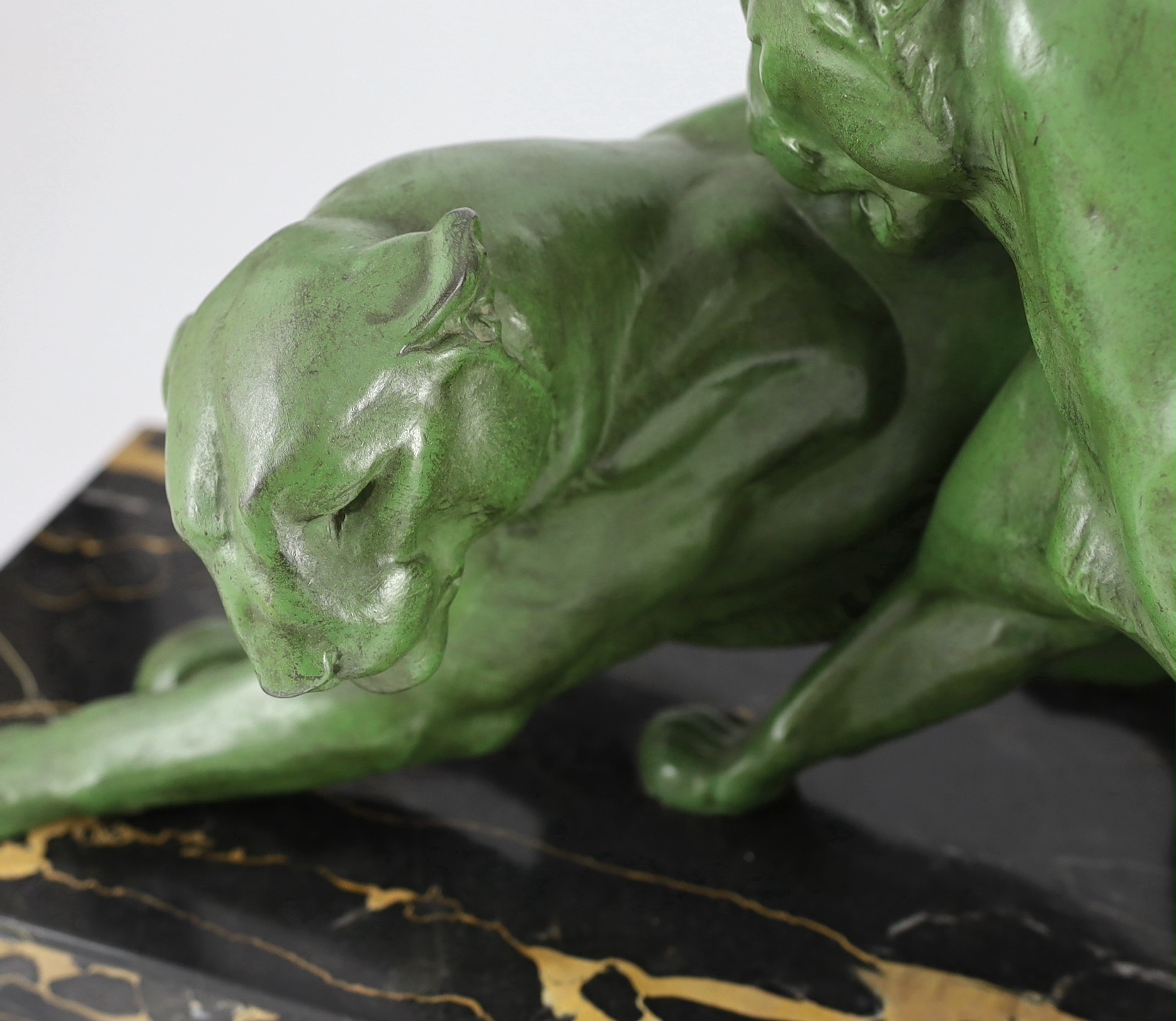 Plagner. NB. An Art Deco patinated spelter group of two panthers, length 79cm depth 25cm height 32cm